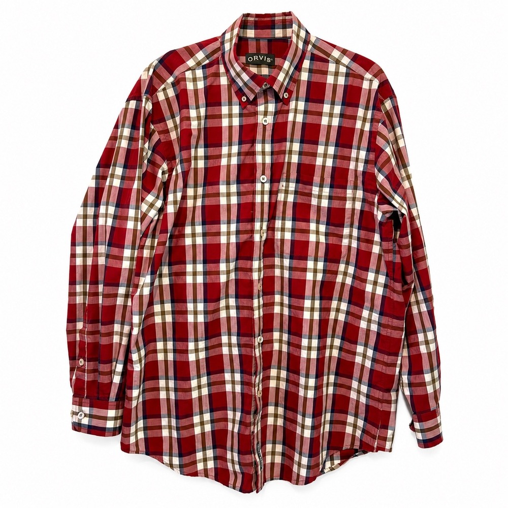 Orvis Heritage Wash Mens Red‎ Plaid Button Down Shirt Long Sleeve Cotton Large